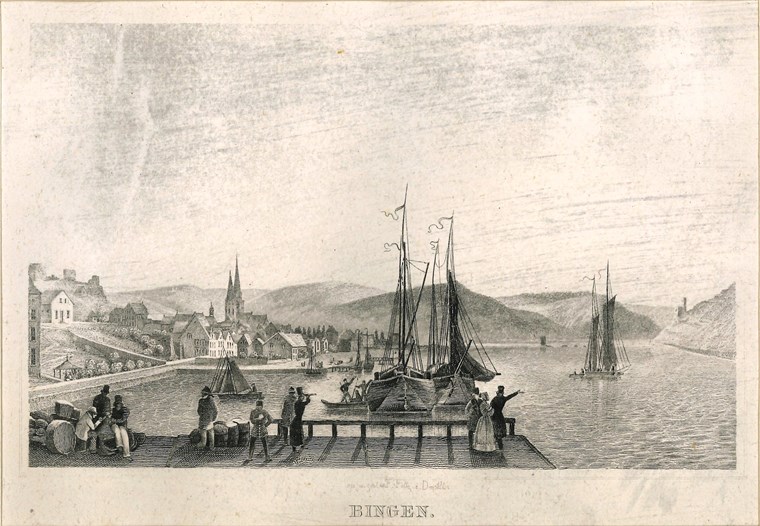 Blick auf das östliche Bingen und den Hafen, Stahlstich 1842