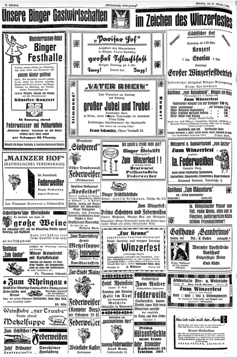 Ein Anzeigen-Wimmelbild zum Binger Winzerfest 1928. Mittelrheinische Volkszeitung 27. Oktober 1928