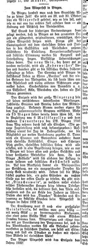 Der Artikel in der Rhein- und Nahe-Zeitung vom 24.10.1932 gibt einen Vorgeschmack auf das Winzerfest 1932