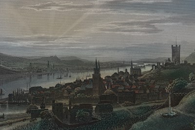 Ausschnitt eines Stahlstichs von Friedrich Foltz (1811-1879) mit Burg Klopp am rechten Bildrand. Er entstand circa 1865. Bingen wird hier als fortschrittliche Stadt mit modernen Bauwerken hervorgehoben.
