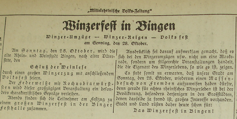 Das Binger Winzerfest in der Mittelrheinischen Volkszeitung vom 12. Oktober 1928