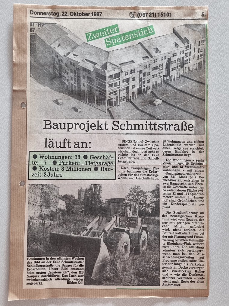 Zeitungsbericht über die Bauarbeiten 1987 in der Schmittstraße