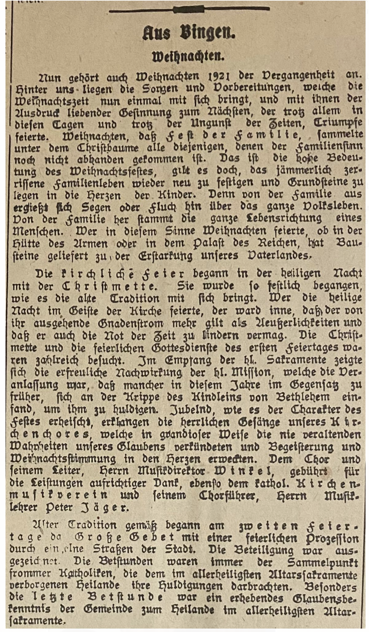 Wie wurde Weihinachten vor 100 in Bingen gefeiert? Die Mittelrheinische Volkszeitung berichtet (MVZ, 28.12.1921)
