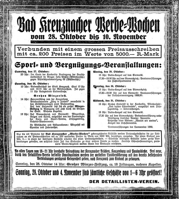 Anzeige des Bad Kreuznacher Detaillisten-Vereins mit Programm des Winzerfestes am 28.10.1928.