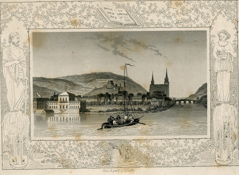 mit Ansicht von Norden auf Bingen mit Stiftskirche und neu erbautem Helenenbad, Stahlstich 1843
