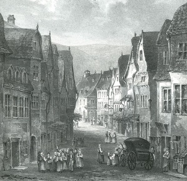 Eine Straßenszene in Bingen um 1827. In welcher Straße könnte sich das Treiben abspielen?