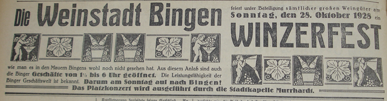 Ankündigung zum ersten Binger Winzerfest, das zentral organisiert wurde. Mittelrheinische Volkszeitung, 27. Oktober 1928