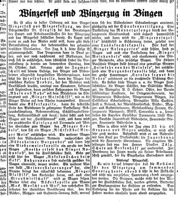 Der Artikel in der Rhein- und Nahe-Zeitung vom 26.10.1932 erläutert die verschiedenen Wagen des Winzerfestumzuges