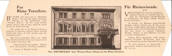 Ein Werbeprospekt ( bereits in 4 Sprachen) des damals existierenden Goethemuseums im Hotel Weißes Ross. Wo stand das Hotel? 