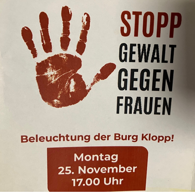 Orange Day: Beleuchtung der Burg Klopp und Vortrag mit Diskussion