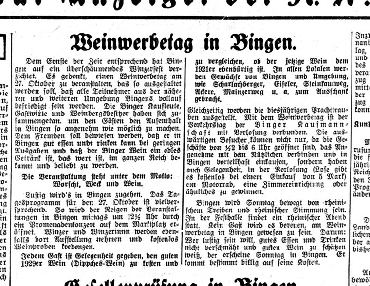 Die Vorankündigung des Winzertages 1929 in der Rhein- und Nahe-Zeitung am 25.10.1929
