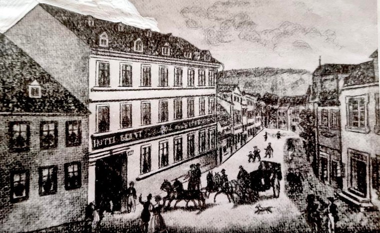 Die Grafik zeigt das Hotel Zum Riesen (hier "Hotel Giant") in der Schmittstraße um 1850.
