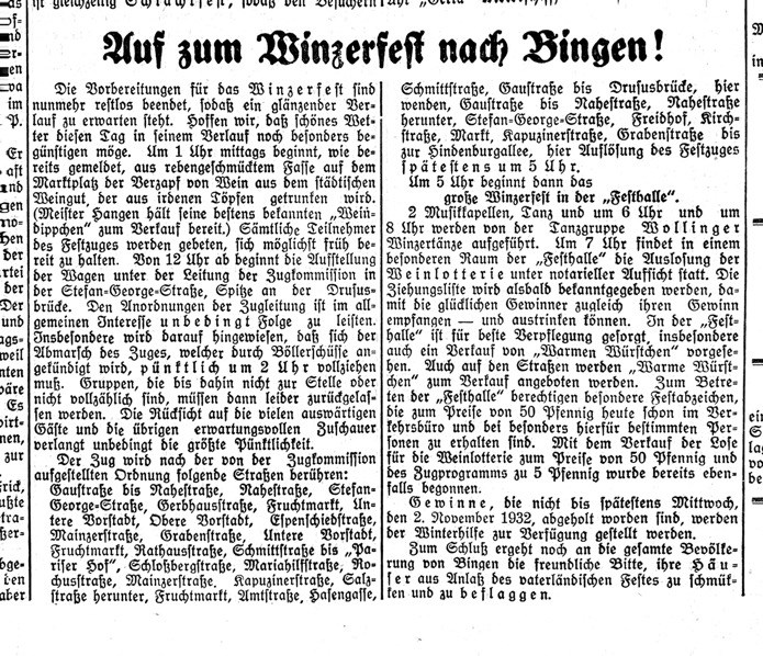 Wie war die Zugroute durch die Binger Straßen 1932? Dieser Artikel in der Rhein- und Nahe-Zeitung vom 28.10.1932 beschreibt es.