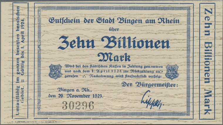Inflations-Geld-Gutschein der Stadt Bingen über zehn Billionen Mark