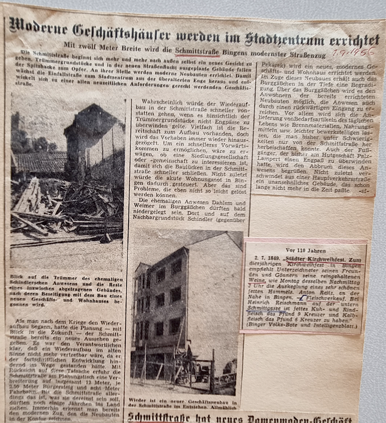 Ein Artikel in der Allgemeinen Zeitung von 1956 zeigt die Schmittstraße in der direkten Nachkriegszeit.