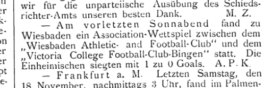Artikel aus der Sportzeitschrift „Spiel und Sport“ vom 25. November 1893 mit der bislang frühesten Nennung eines Fußballspiels eines Binger Fußballclubs.