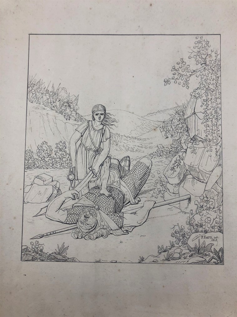 David und Goliath, Tuschezeichnung, 1820