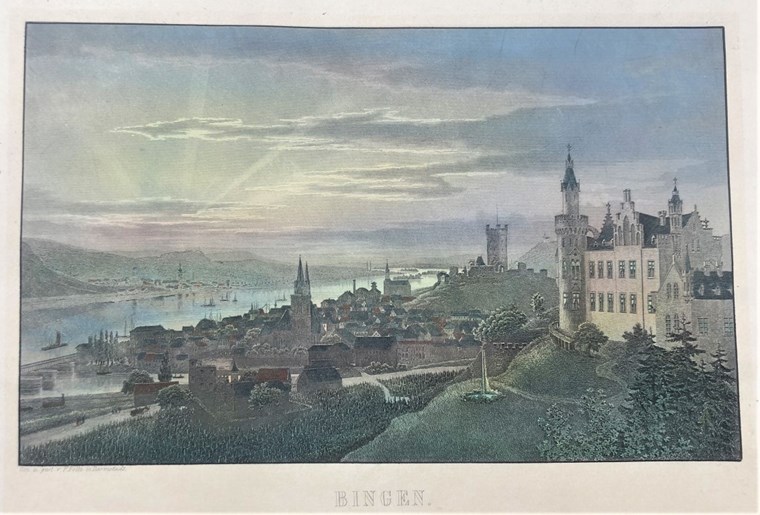 Blick von Bingerbrück auf Bingen, kolorierter Stahlstich 1865
