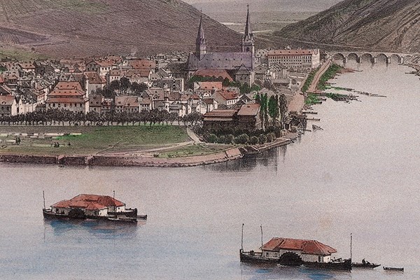 Detail eines Bildes in der Rheinromantik. Welchen Zweck erfüllten die beiden Schiffe auf dem Rhein?