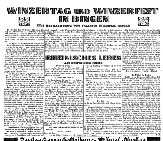 Valentin Schaefers Artikel über den "Winzertag und Winzerfest in Bingen" in der Rhein- und Nahe-Zeitung am 27.10.1928. Eine lesbare Version im pdf-Format befindet sich links im Text.