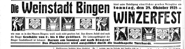 Mit einem Banner bewarb der Binger Verkehrsverein mehrfach in den Binger Zeitungen die Veranstaltung, beispielsweise in der Rhein- und Nahe-Zeitung vom 27. OKtober 1928