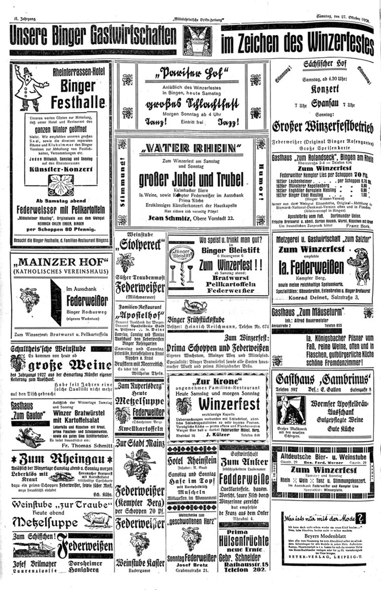 Zahlreiche Binger Gaststätten inserierten ihr Angebot für das erste kommerziellere, touristischere Winzerfest in Bingen, hier in der Rhein- und Nahe-Zeitung vom 27.10.1928.