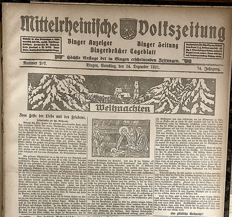 Die Titelseite der Mittelrheinischen Volkszeitung vom 24.Dezember 1921