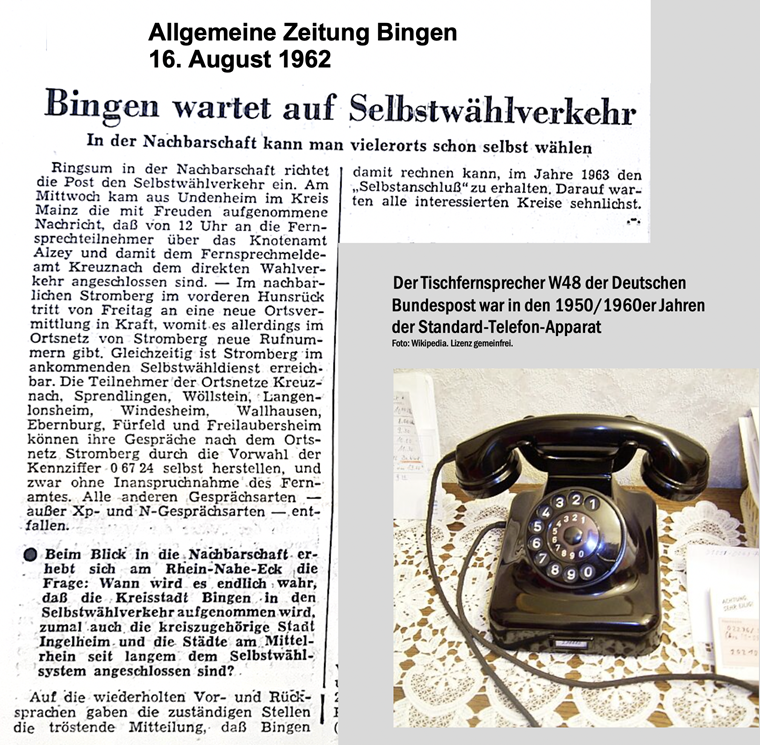 Allgemeine Zeitung vom 16. August 1962. Quelle: Stadtarchiv Bingen.  Darin als Fotomontage ein typischer Telefonapparat 1950er/1960er Jahre (Lizenz: gemeinfrei)