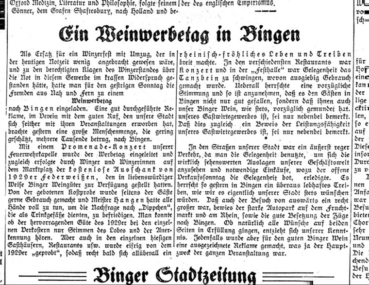 Die Nachberichterstattung zum Winzertag 1929 in der Mittelrheinischen Volkszeitung vom 28.10.1929