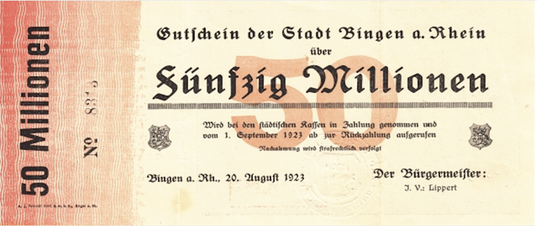 Inflations-Geld-Gutschein der Stadt Bingen über fünfzig Millionen Mark